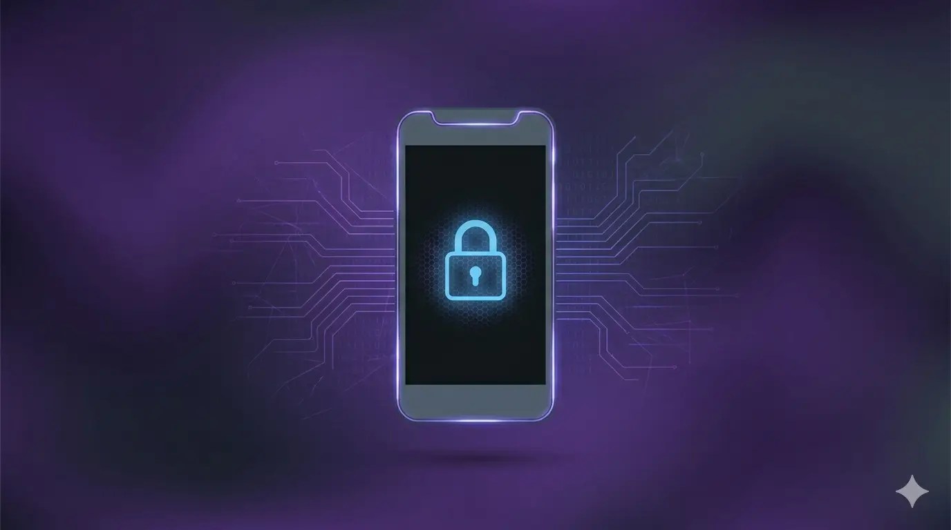 Smartphone com ícone de cadeado azul brilhante na tela, simbolizando a segurança móvel. O dispositivo está centralizado em um fundo roxo abstrato com linhas de circuito futuristas e fluxos de dados, ilustrando proteção de dados cibernéticos e criptografia avançada. O design moderno e de alta tecnologia transmite a sensação de um ambiente digital seguro, ideal para representar a autenticação de aplicativos e a privacidade móvel.