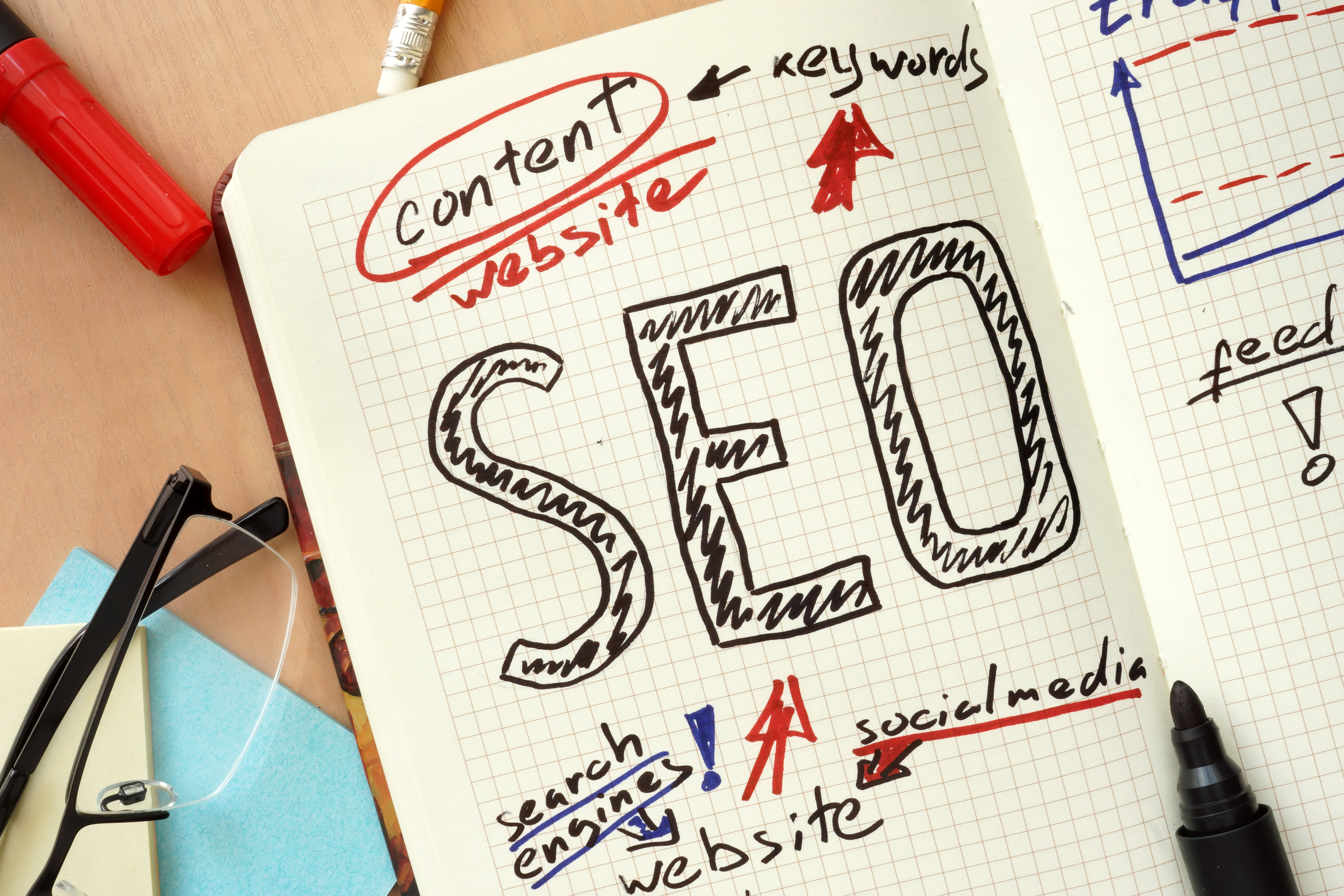 notebook with handwritten notes about SEO