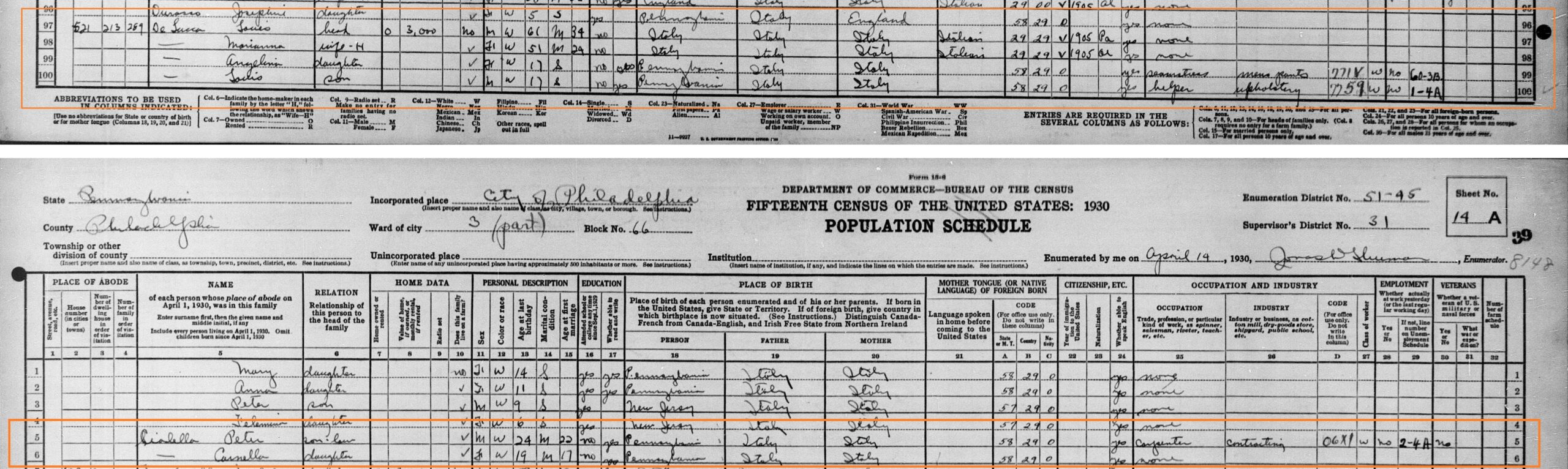 1930 U.S. Census record for Louis De Luca and his family, with the record for Peter Cialella on the following page