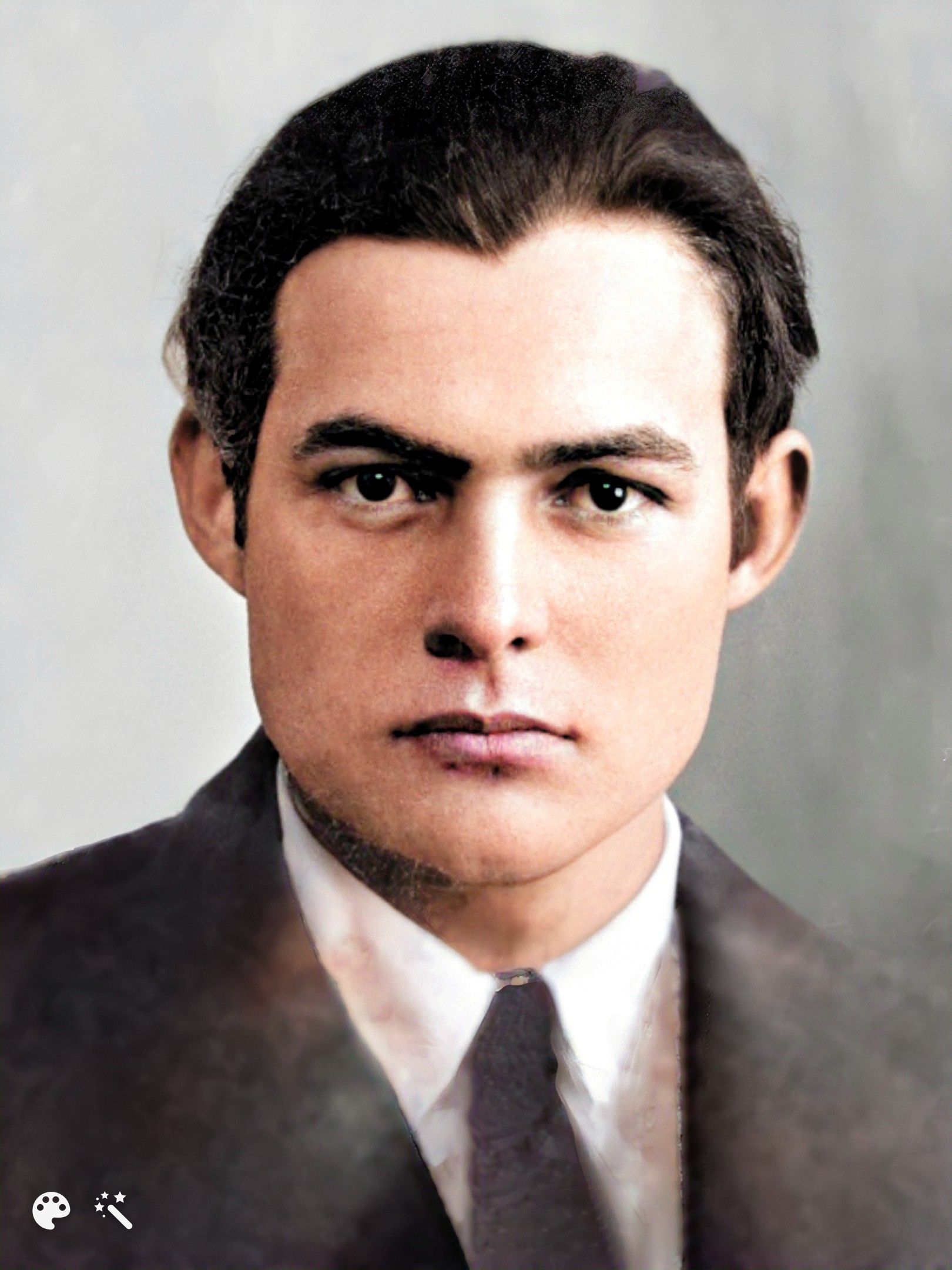 Ernest Hemingway's passport photo, colorized and enhanced by MyHeritage