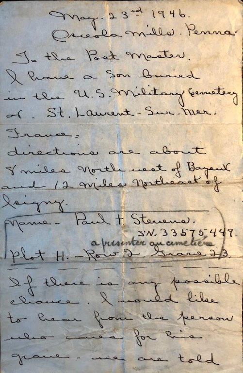 Mrs. Stevens' letter dated May 23, 1946 and addressed to the postman from Saint-Laurent-sur-Mer (recto)