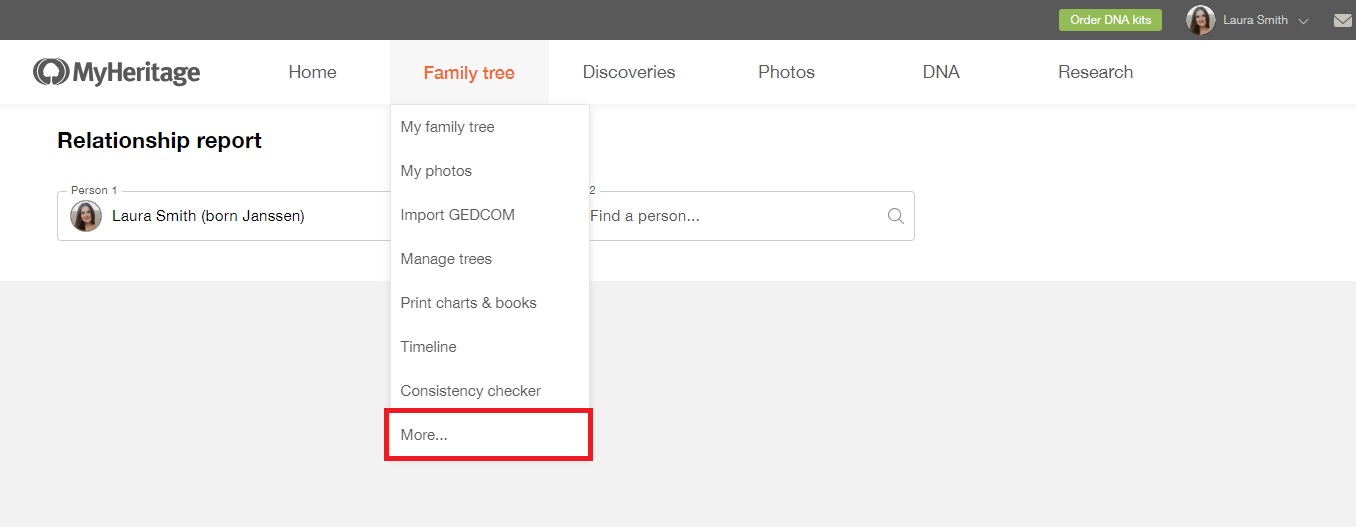 Clicking “More” in the “Family tree” menu will extend the list to include more options, including Relationship report