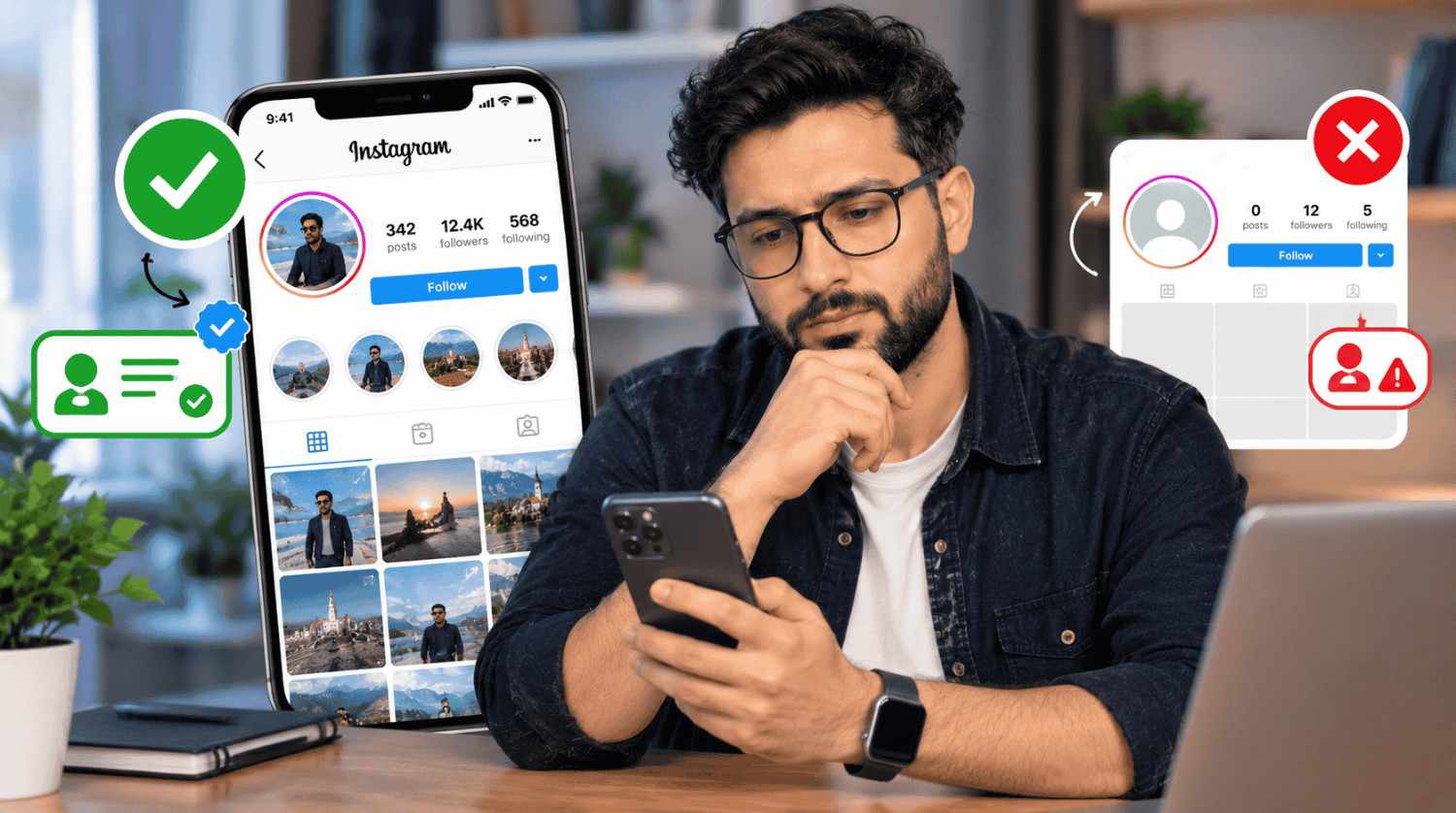 Person comparing real and fake Instagram profiles with verification and warning symbols.