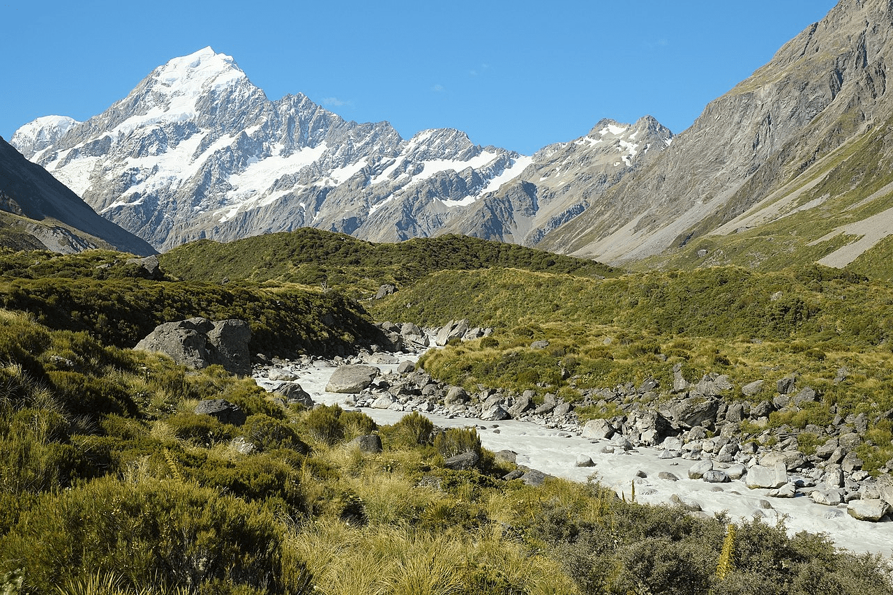 Hooker Valley in summer, with the Mount Cook Range in the background