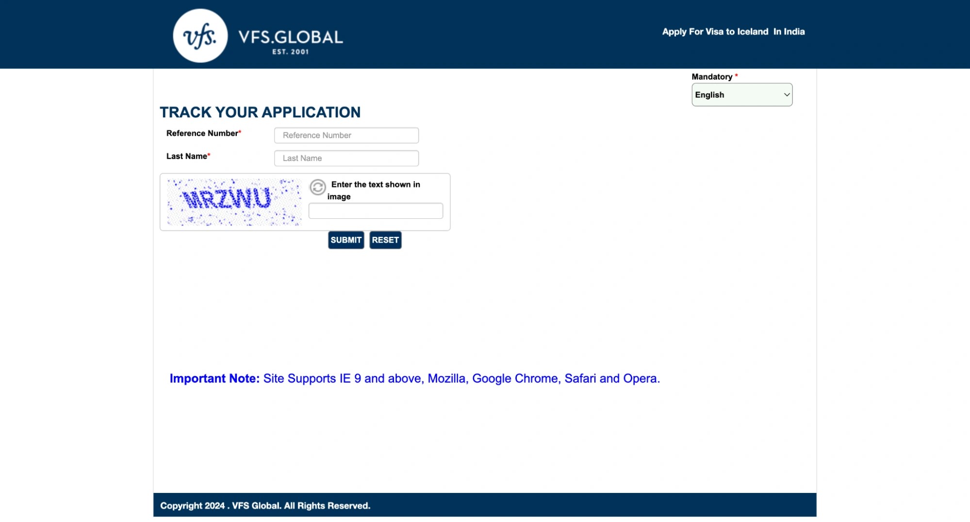 VFS tracking portal for Iceland visa