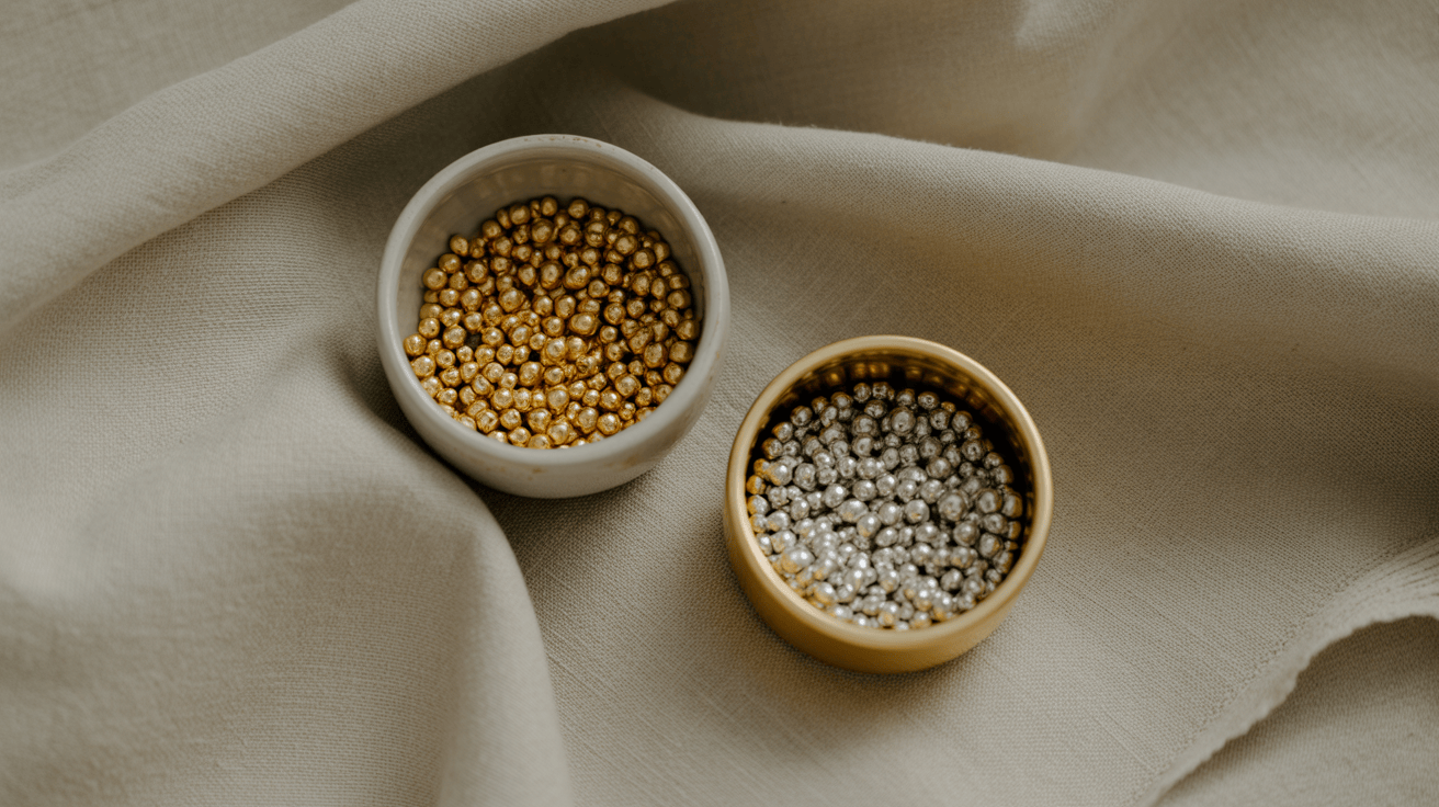 Two small ceramic bowls side by side on pale linen, one holding gold casting granules and the other silver granules