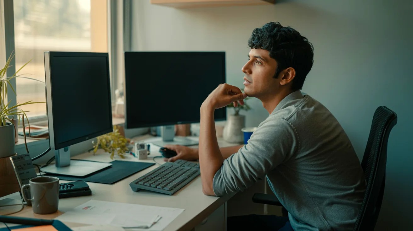 Software engineer thinking at a desk with two monitors in a modern Indian office