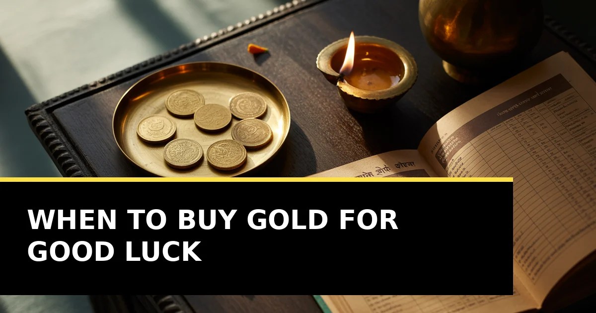 A brass plate of plain gold coins beside a lit diya and an open printed panchang on a dark wooden table at dawn