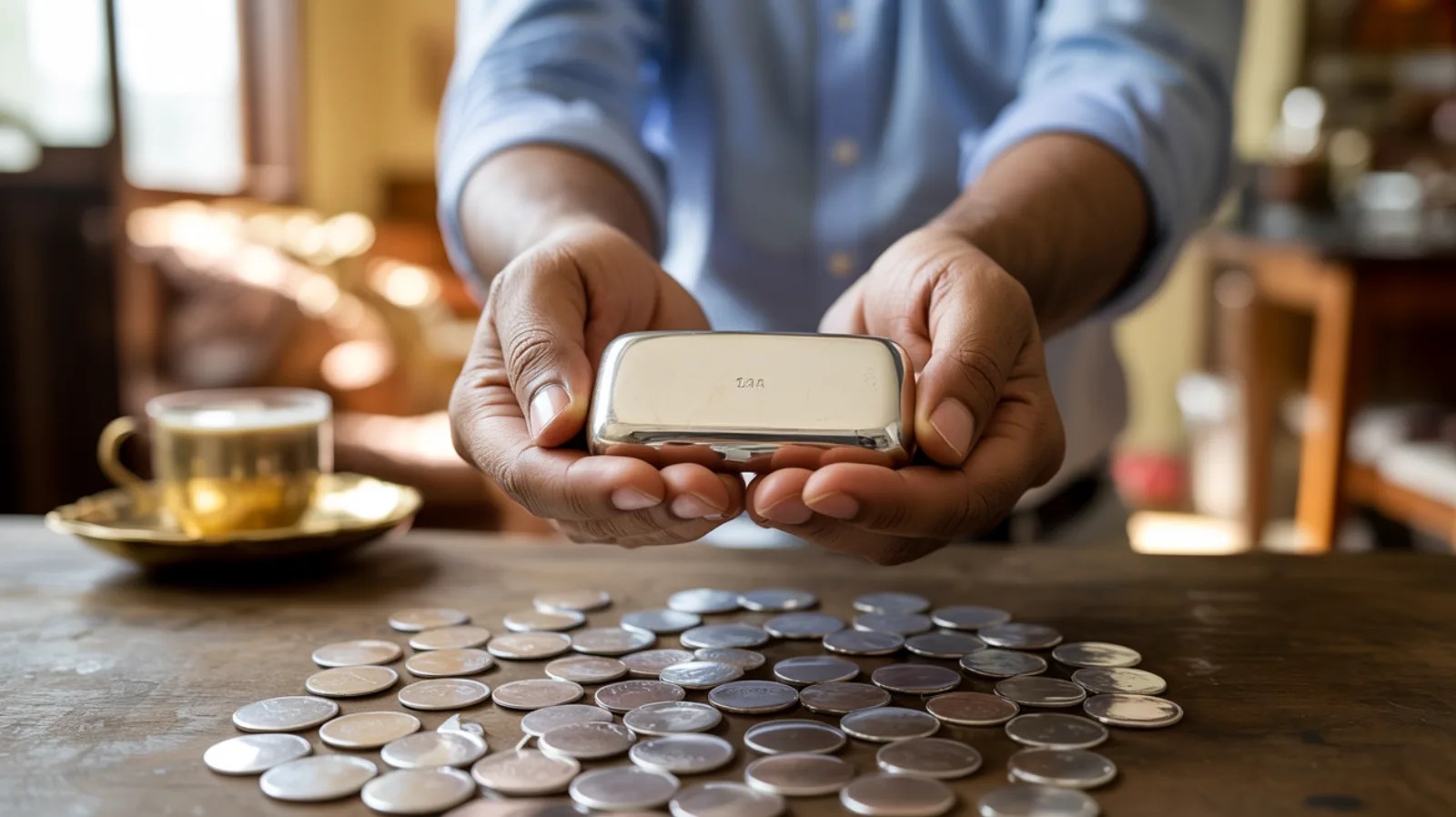 Hands holding a small plain silver bar above a wooden table scattered with silver coins, with a cup of chai in the background