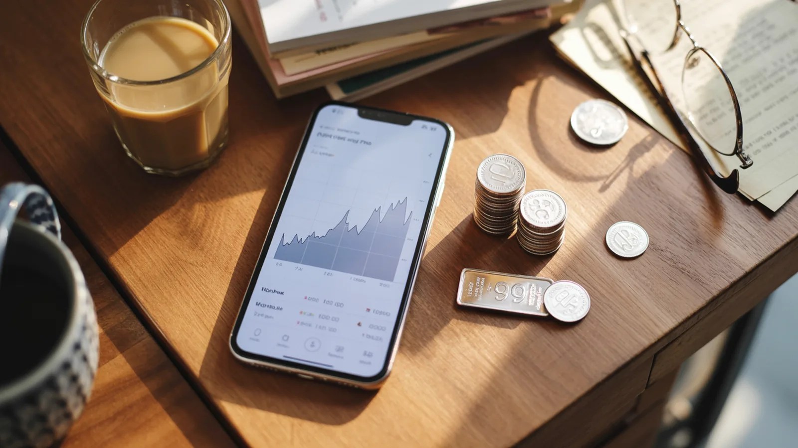 Overhead shot of a smartphone showing a silver price chart beside 999 silver coins and a small silver bar on a wooden desk with a cup of chai
