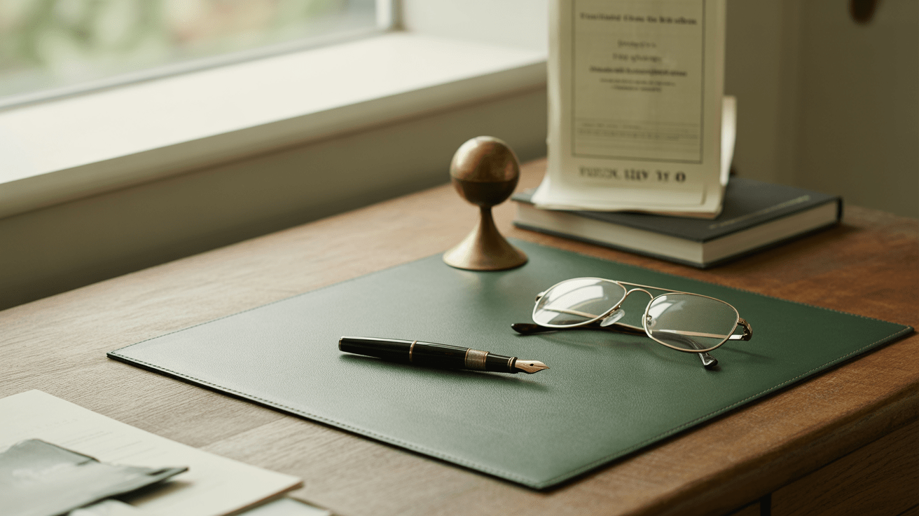 A fountain pen and folded reading glasses resting on a dark green leather desk pad on a teak desk beside a window, with a small brass paperweight