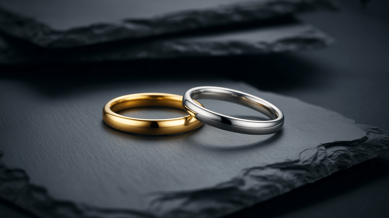 A plain gold band and a plain silver band resting side by side and touching on dark grey slate under soft side light