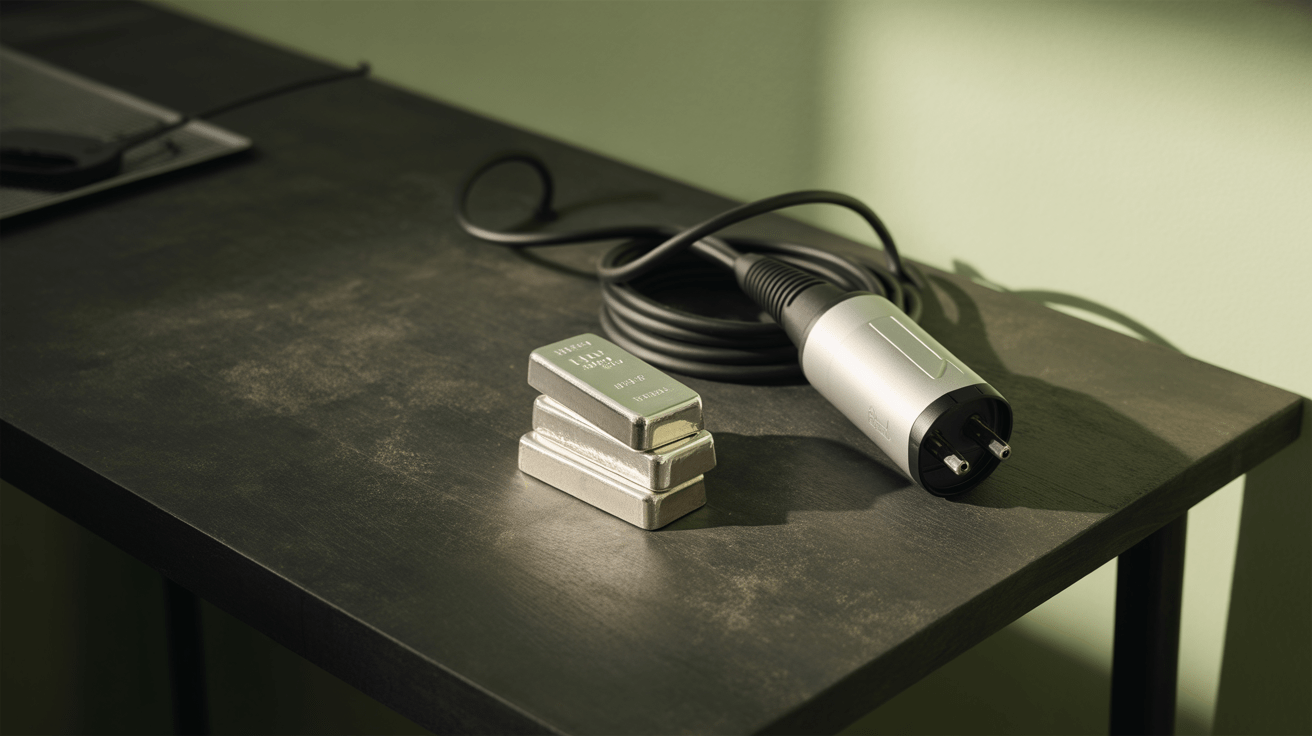 A silver bar and an electric vehicle charging connector on a dark workbench, lit from one side