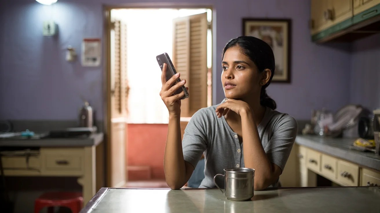Young Indian woman checking her phone at a kitchen table with a cup of chai in the morning light