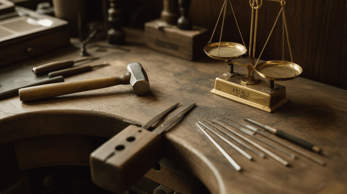 A goldsmith's bench with hand files, a small hammer and a jeweller's scale, worn wooden surface lit from one side