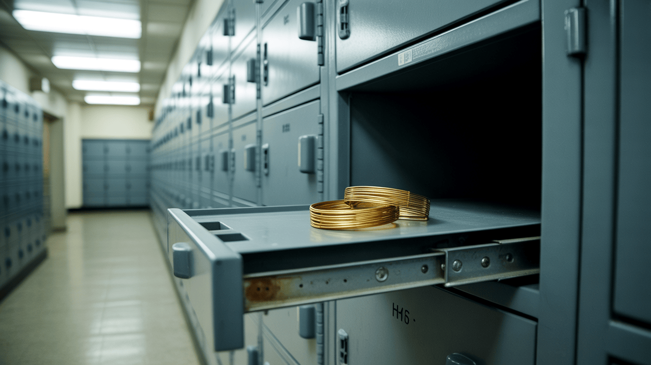 A small stack of plain gold bangles resting inside an open steel bank locker drawer, cool overhead light
