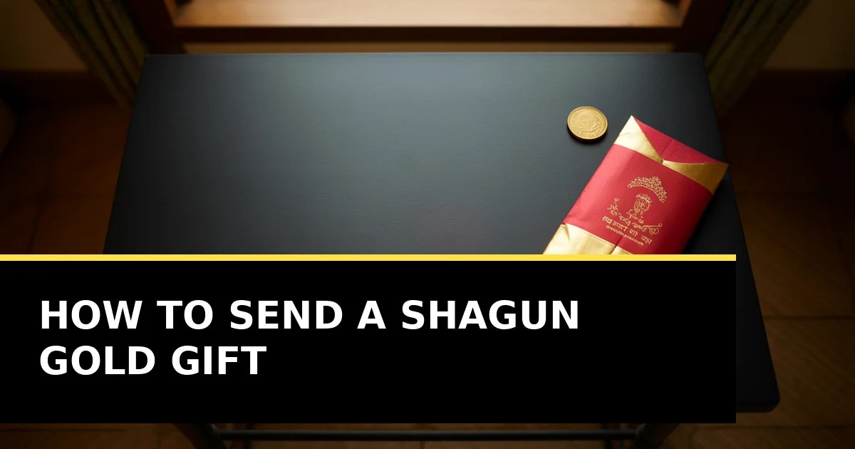 A red and gold envelope resting on a dark table beside a small gold coin, lit from one side