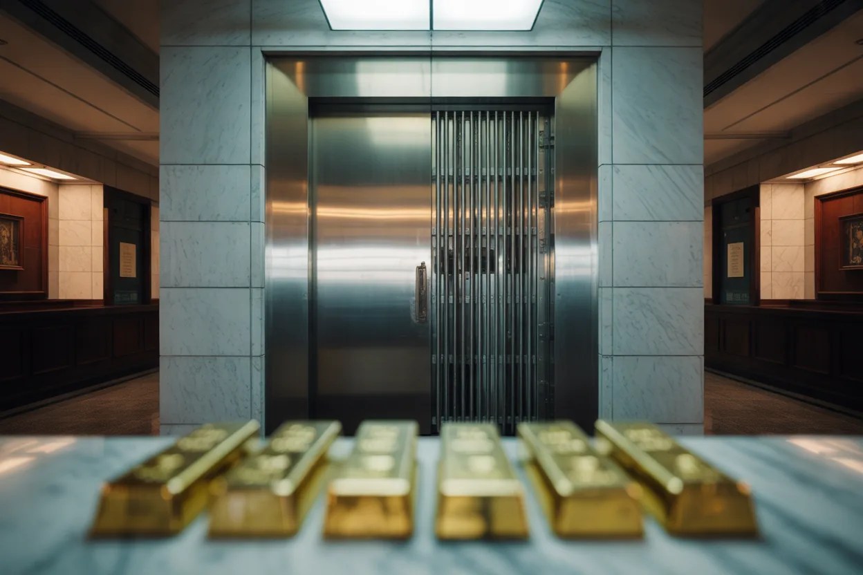A closed brushed steel bank vault door in a marble lobby, with gold bars resting out of focus on a ledge in the foreground