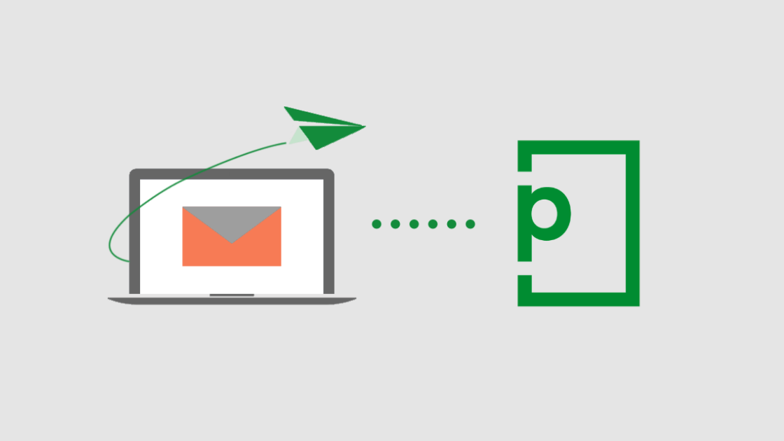Laptop computer with mail icon on the screen with an arrow flying to PageProof logo