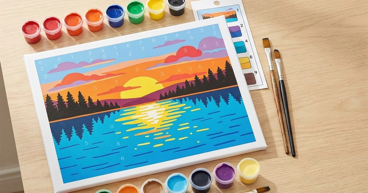 Flat-lay of an affordable paint by numbers kit with numbered canvas, acrylic paint pots and brushes