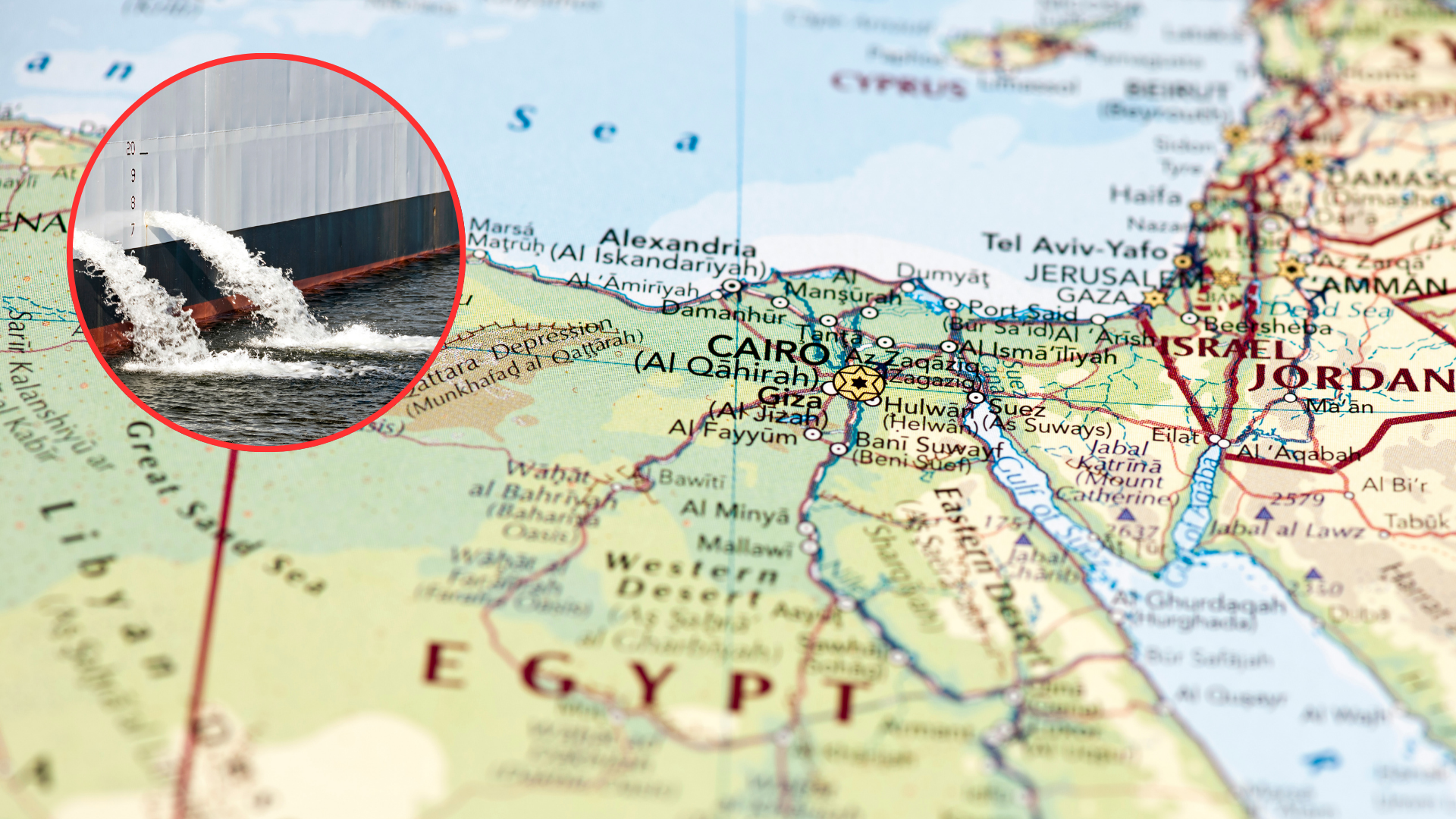 Map of the Suez Canal and an image of ballast water being released from a ship.
