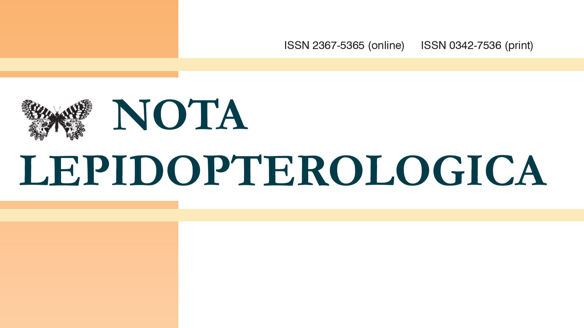 Title card for "Nota Lepidopterologica," featuring a butterfly illustration and ISSN details for online and print editions.