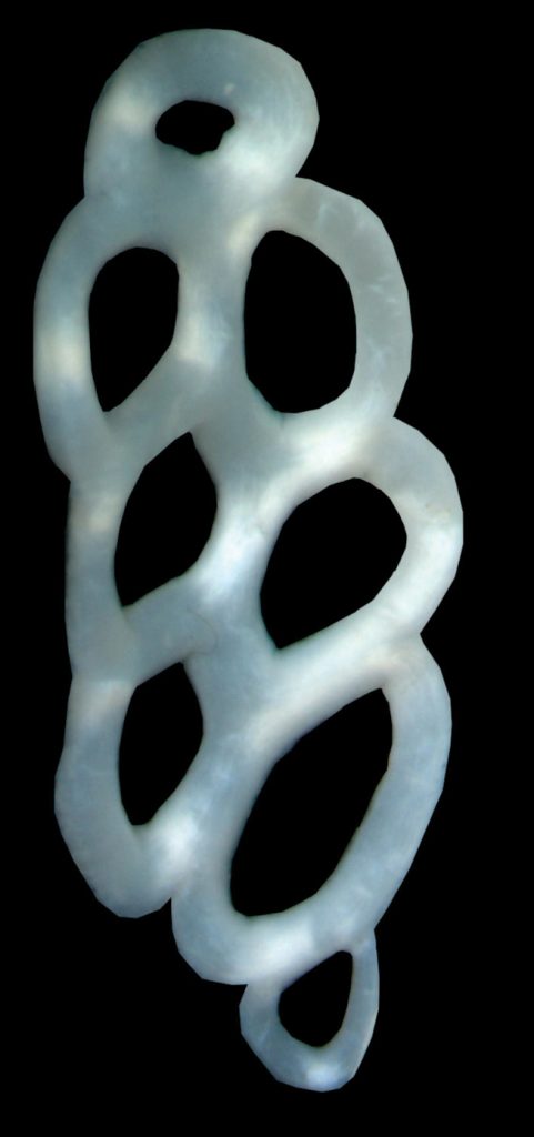 A white structure with interconnected loops and shapes, set against a black background.