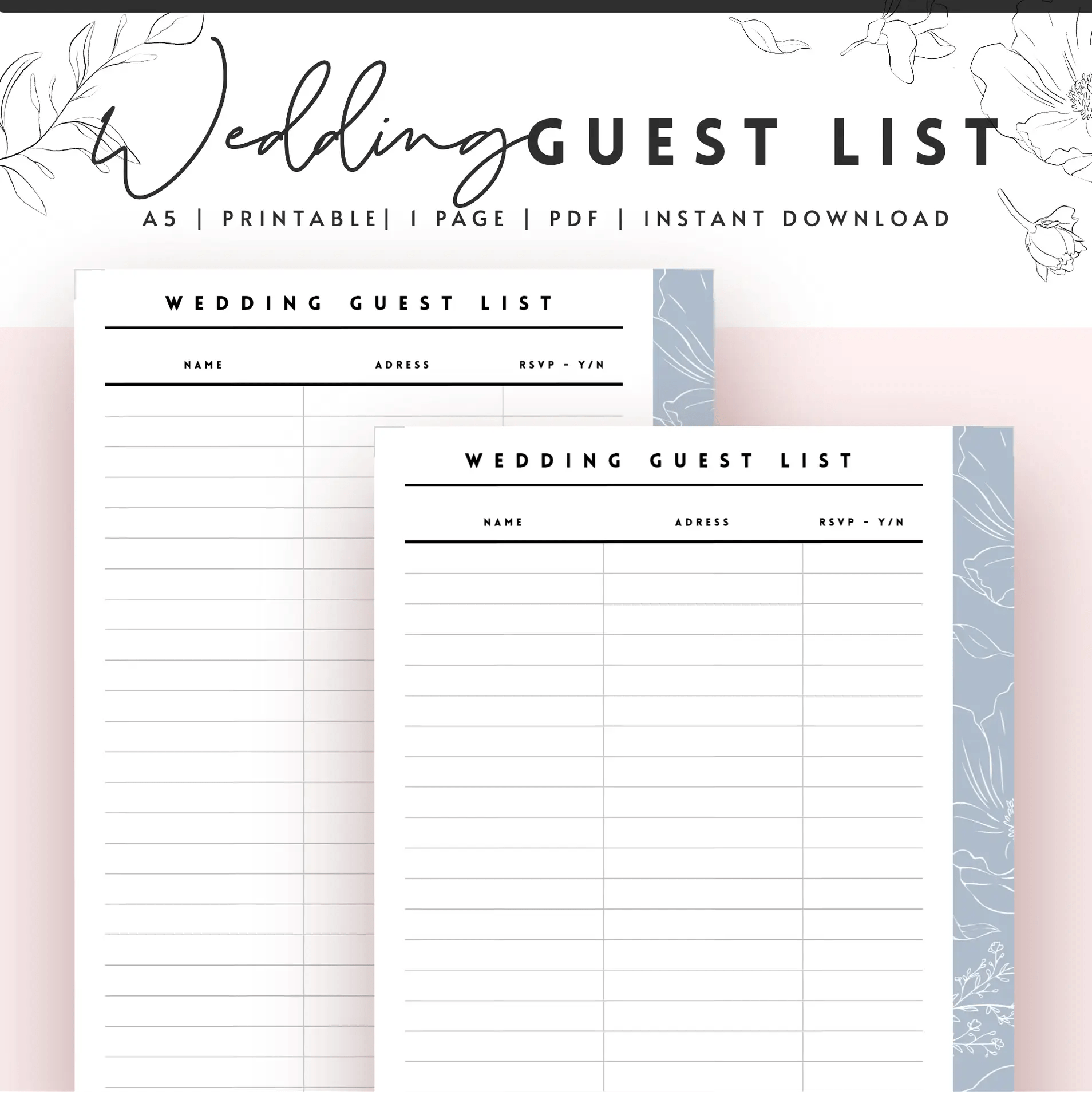 Wedding Guest List - Floral Line Art - Planify Pro, image size:1908x1920