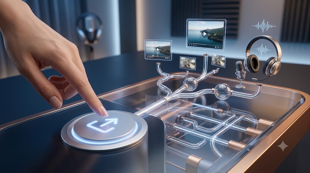 A futuristic, transparent desk with an automated workflow. A single hand presses an illuminated upload button, triggering intricate light and copper pathways that branch out, seamlessly distributing the content into multiple floating screens (for various video resolutions) and a dedicated wireless headphone-and-microphone set (for the audio track), visualizing efficient video podcast distribution from one source.