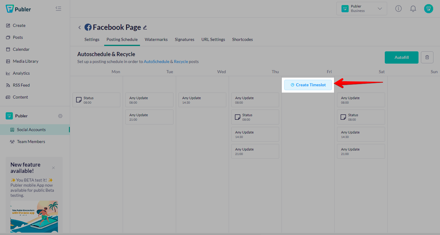 auto posting to facebook through Publer