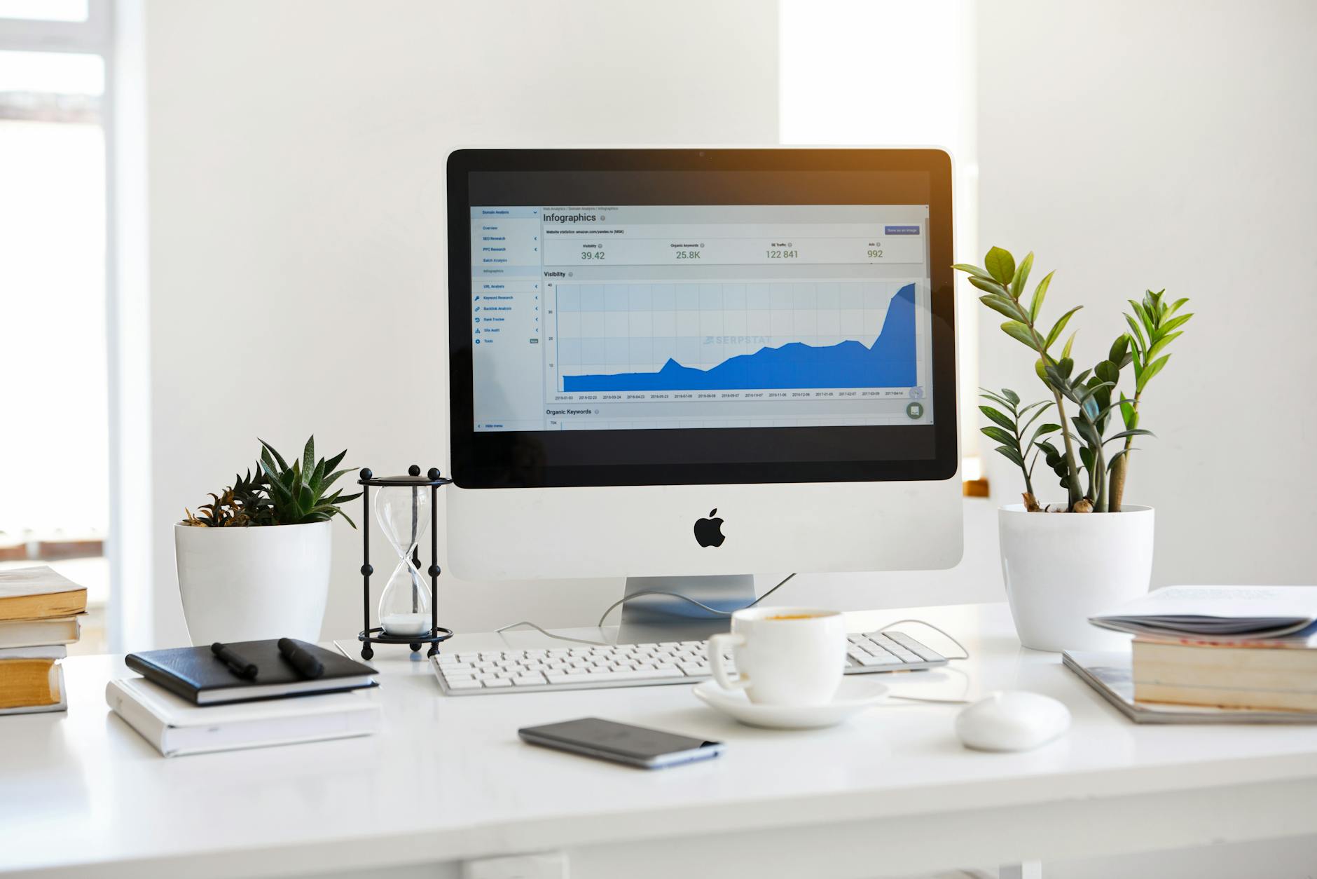 imac argenté affichant un graphique linéaire posé sur un bureau
