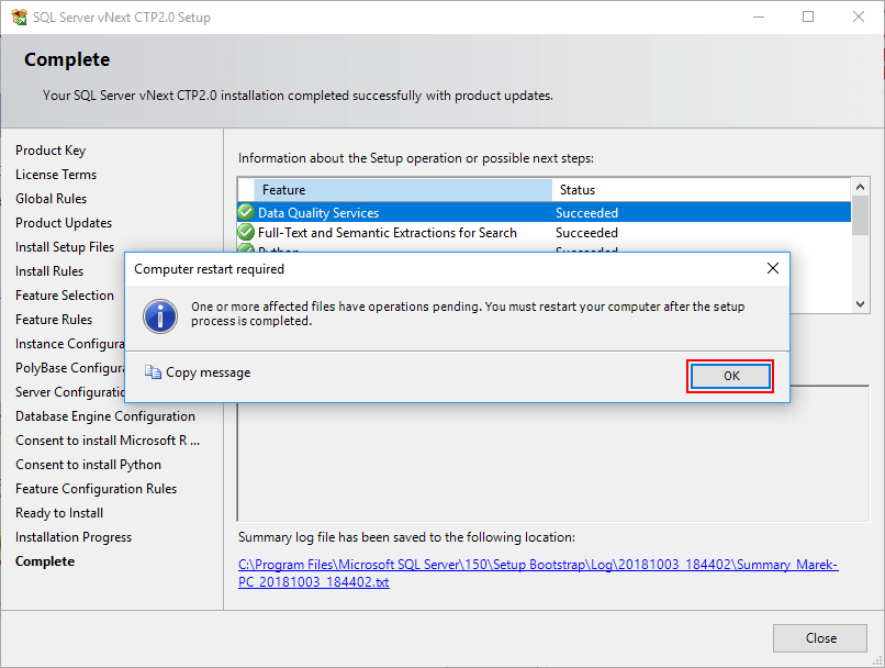 SQL Server 2019 Setup - Computer restart required