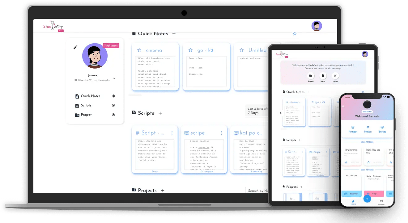 Cross platform Application showing Studiovity pages in Laptop, Tablet and mobile phone