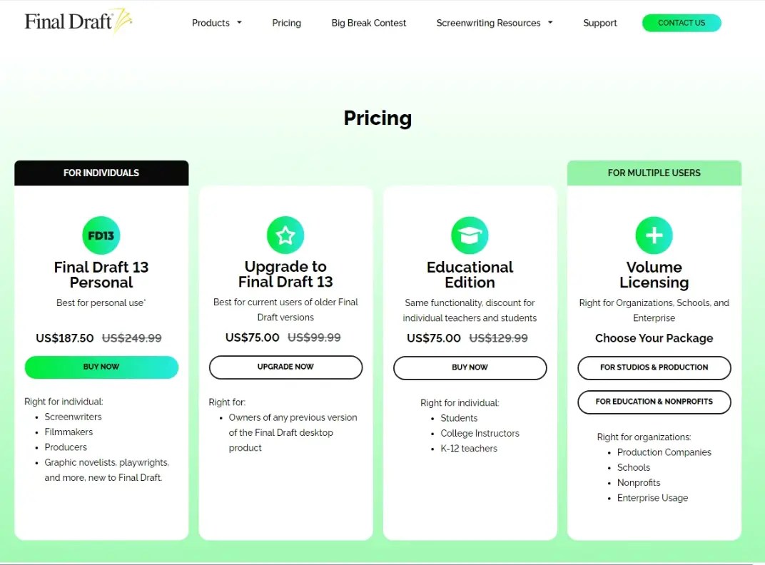 Final draft vs studiovity pricing