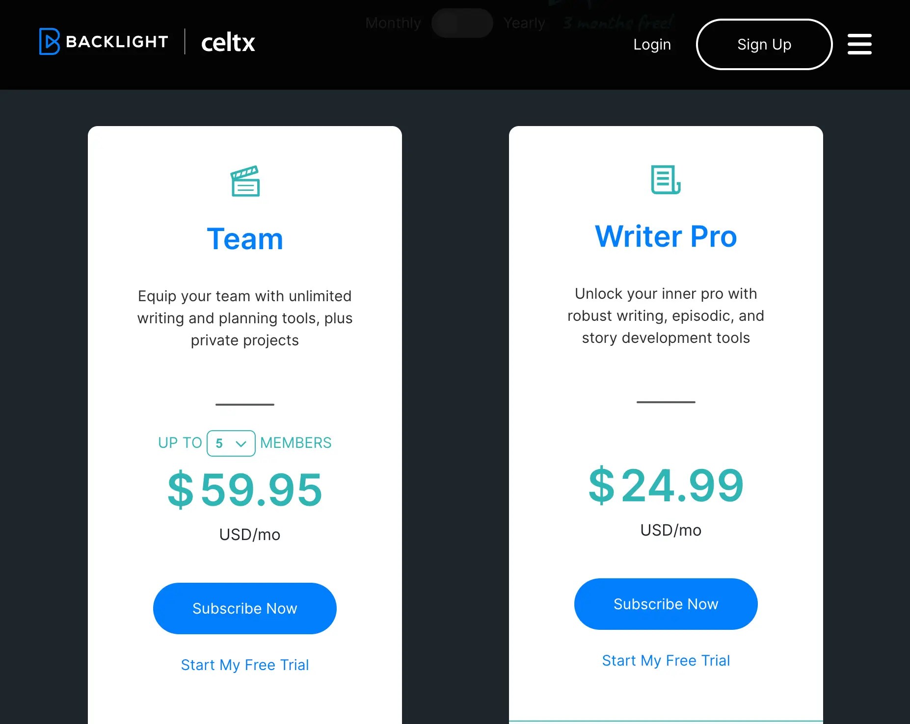 celtx pricing vs studiovity