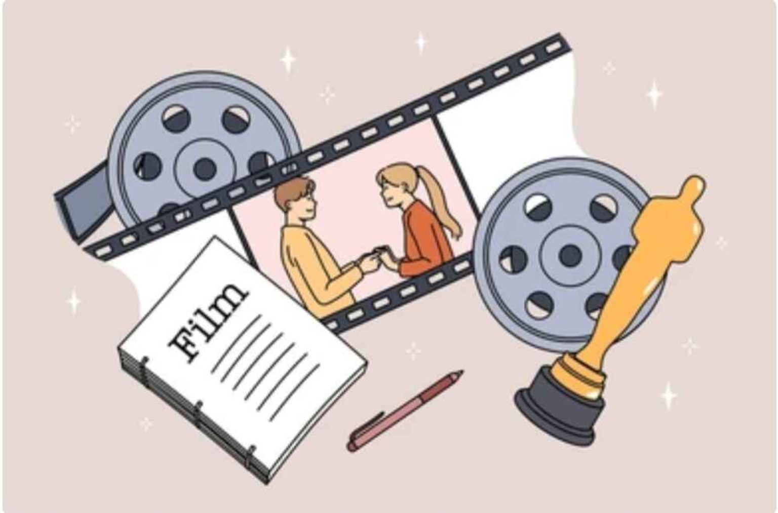Illustration of a film reel, screenplay script, award trophy, and a scene of two actors representing the casting and filmmaking process.