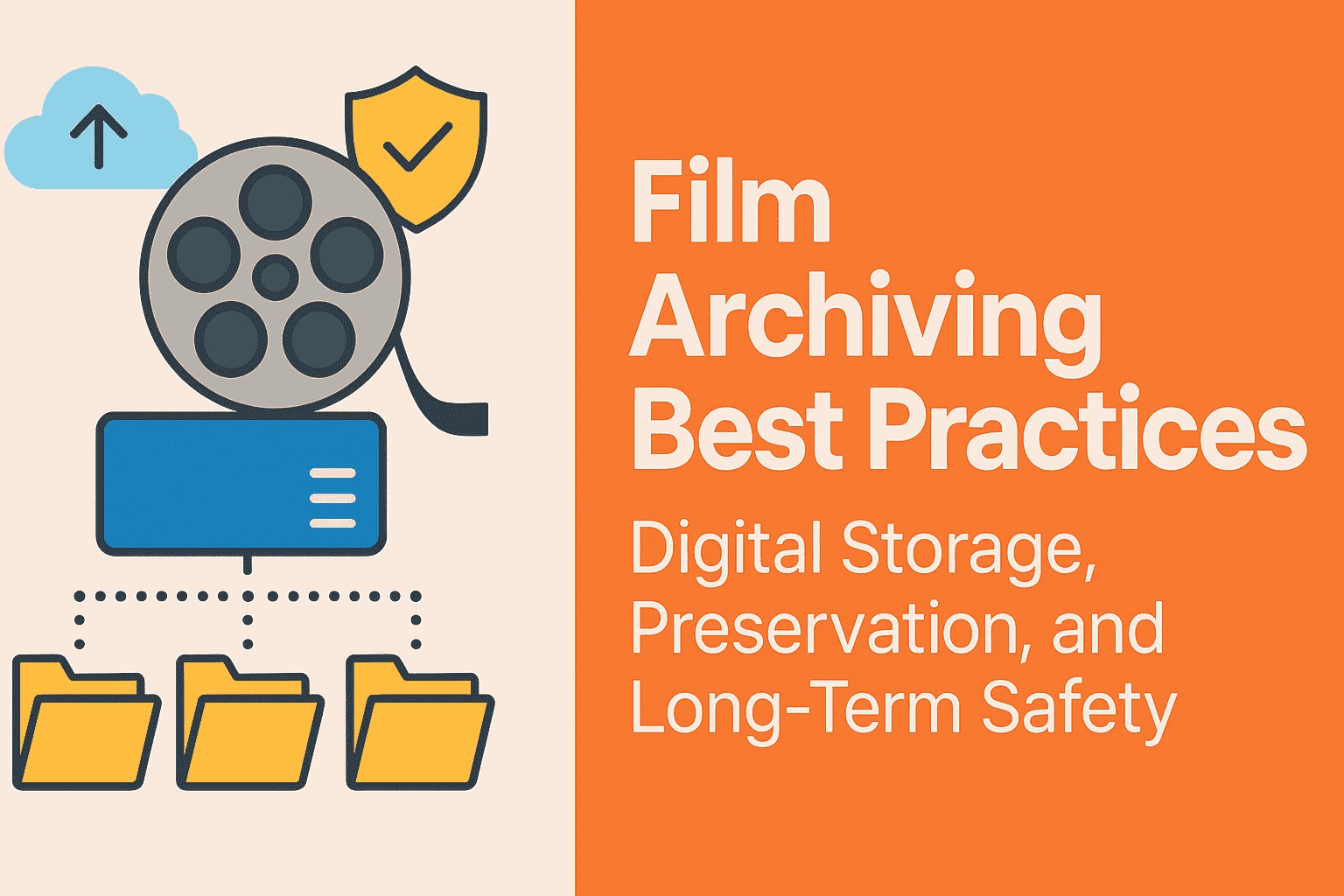 Film Archiving Best Practices illustration showing digital storage, preservation, and long-term safety with film reel, folders, and cloud icons.