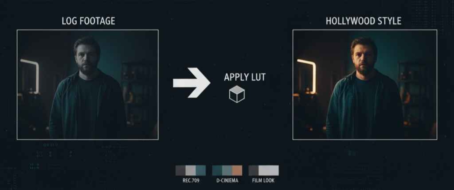 Applying LUT in cinematic post-production to transform log footage into Hollywood-style color grading.