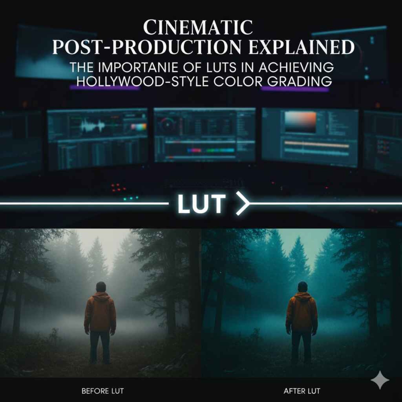 LUTs in cinematic post-production explained with before and after color grading example.