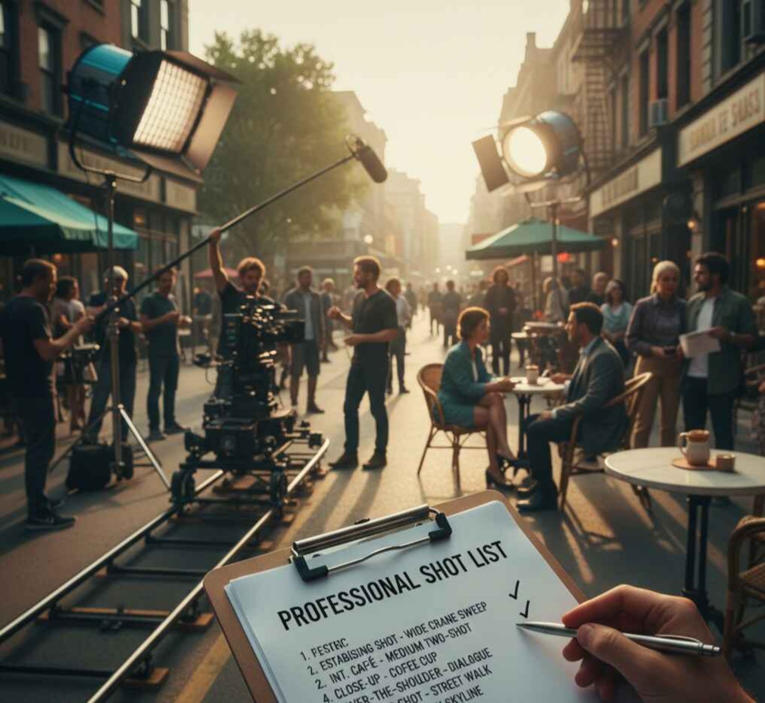 Professional shot list on film set with crew, lights, and camera setup.
