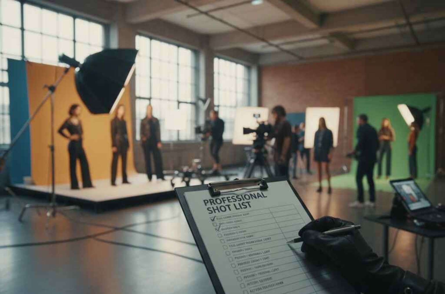 Professional shot list used during film studio shoot with crew and actors