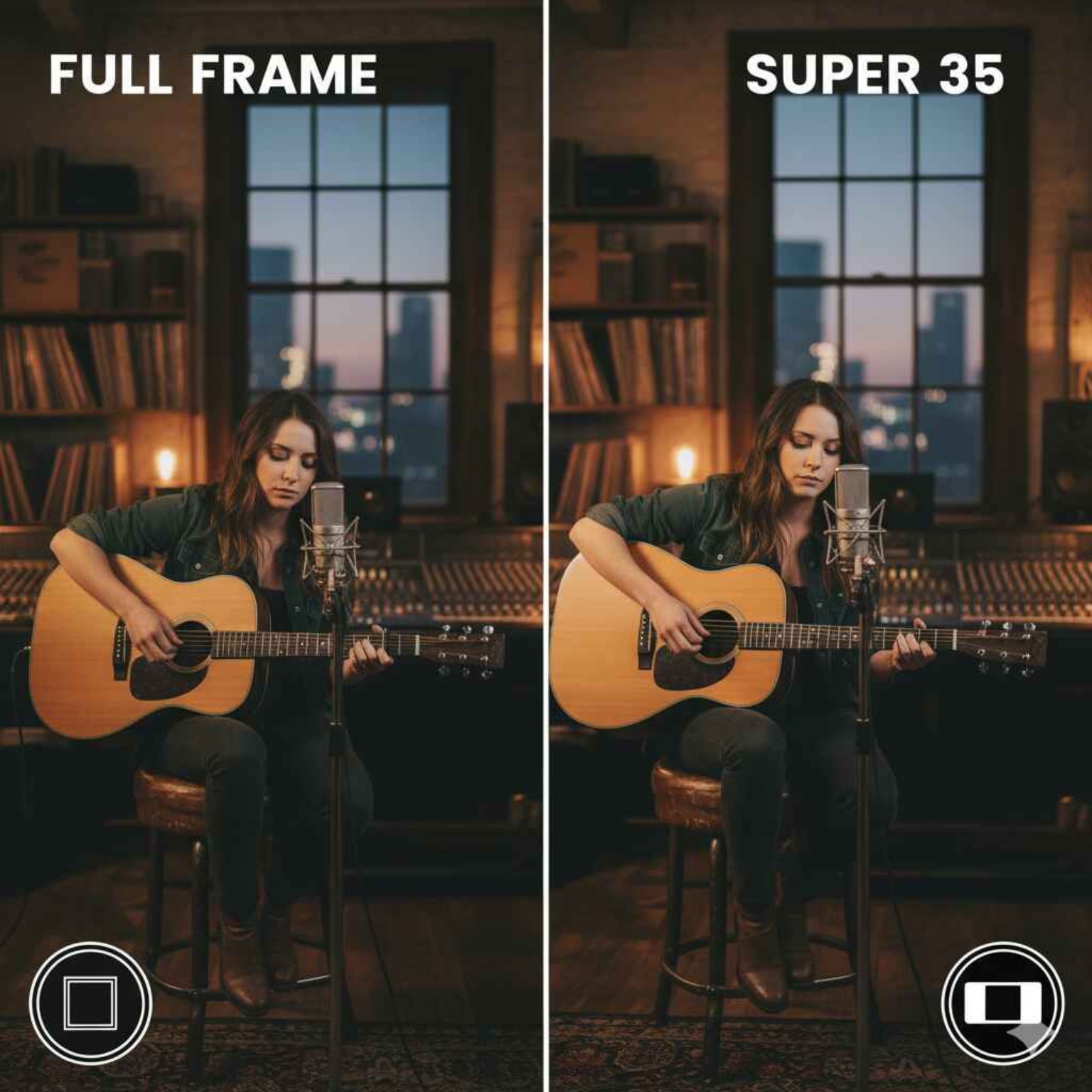 Full Frame vs Super 35 field of view comparison with musician playing guitar.