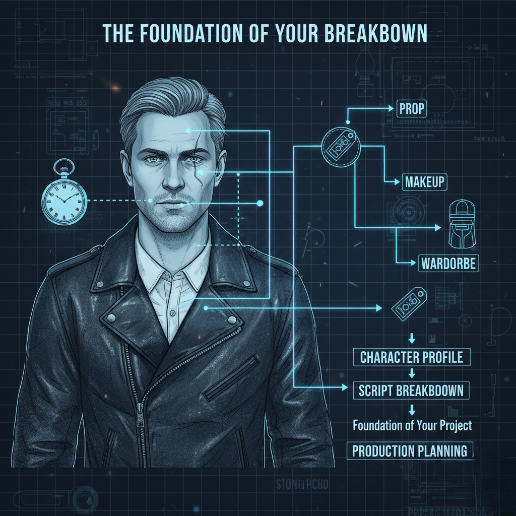 A blueprint-style image showing character details (like a physical description or prop list) transforming into actual production elements such as props, makeup, and wardrobe, emphasizing the connection between character profiles and script breakdown.