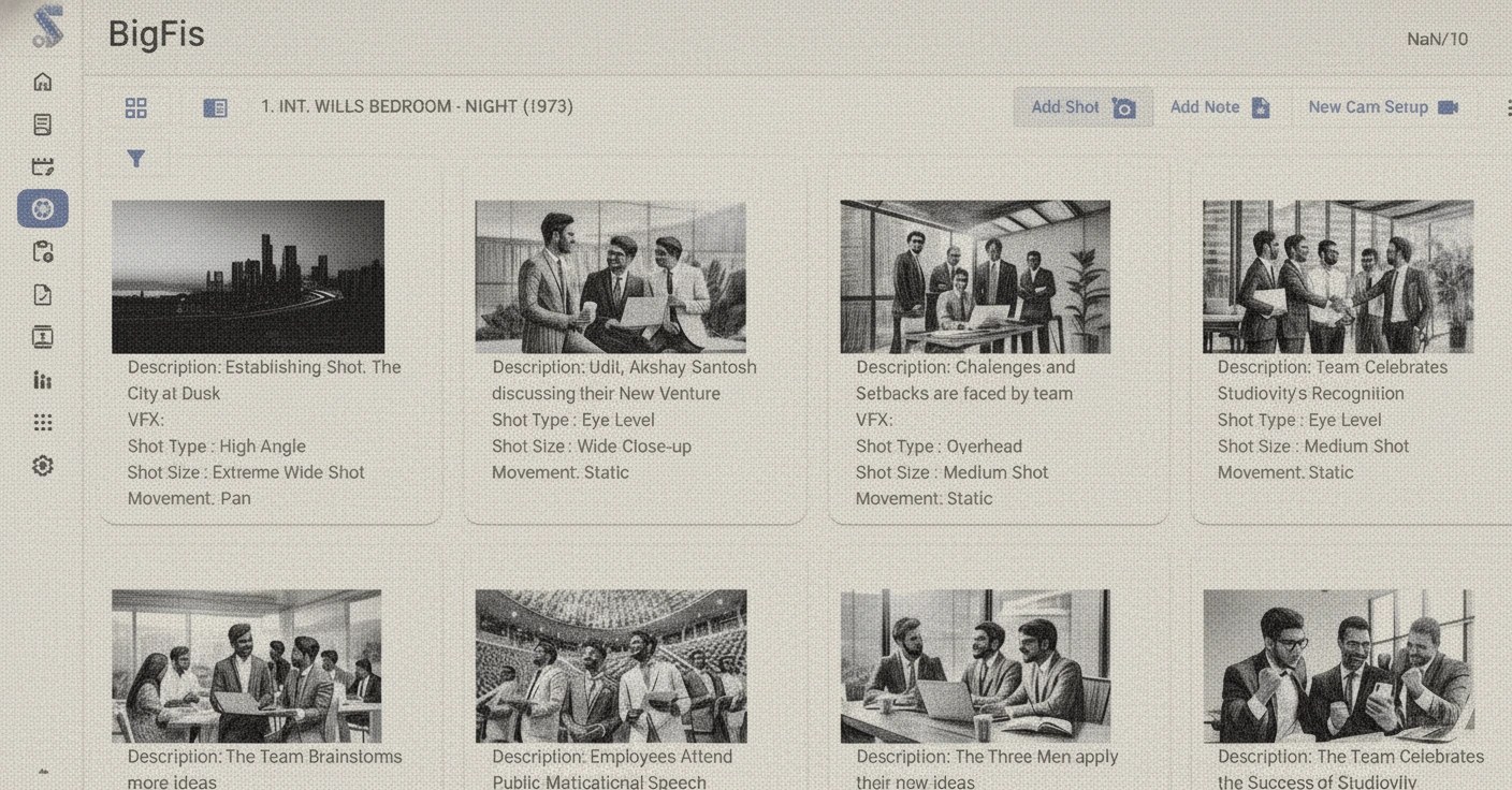 Studiovity AI storyboard and shot list interface showing scene descriptions and generated visuals, serving as modern pre production software.