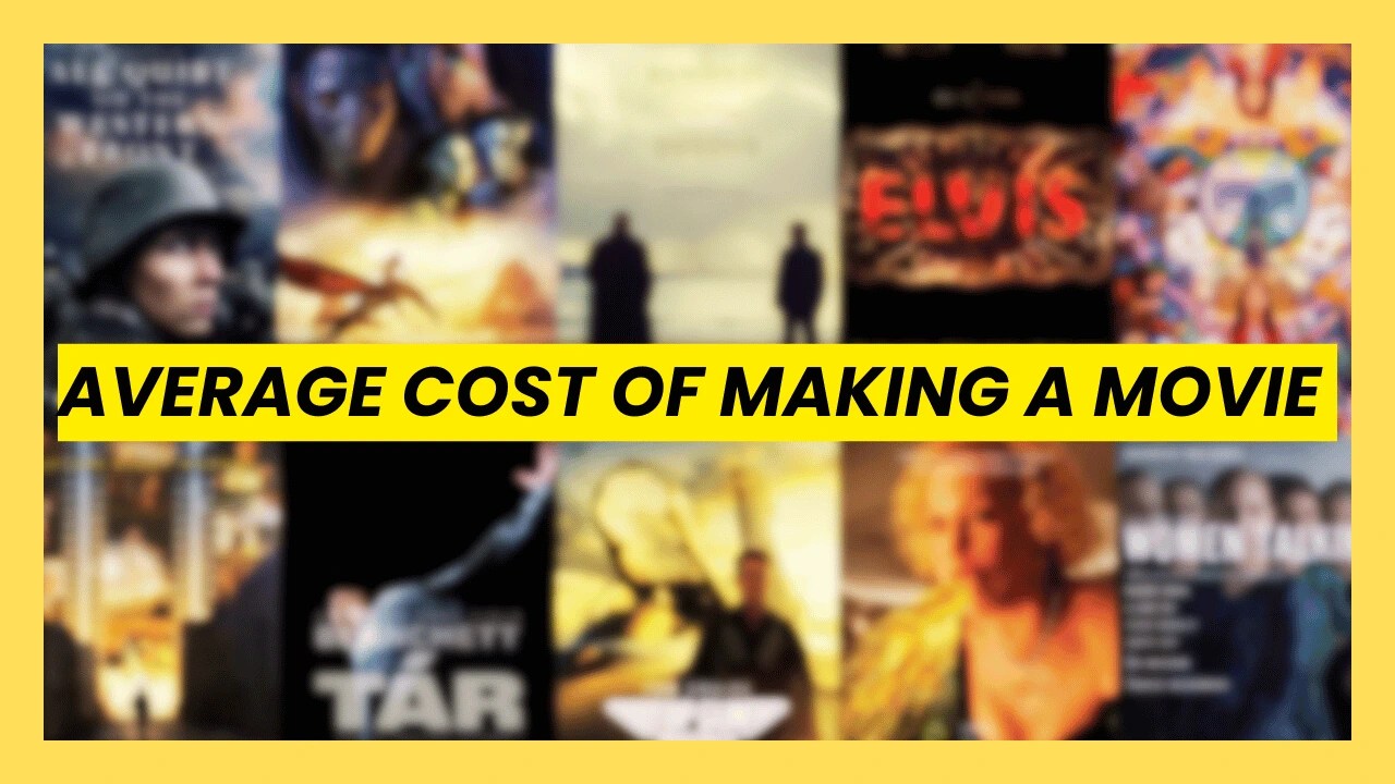 A graphic banner featuring a collage of famous movie posters with bold text overlaid on a yellow background that reads "Average Cost of Making a Movie," illustrating the financial breakdown of film production.