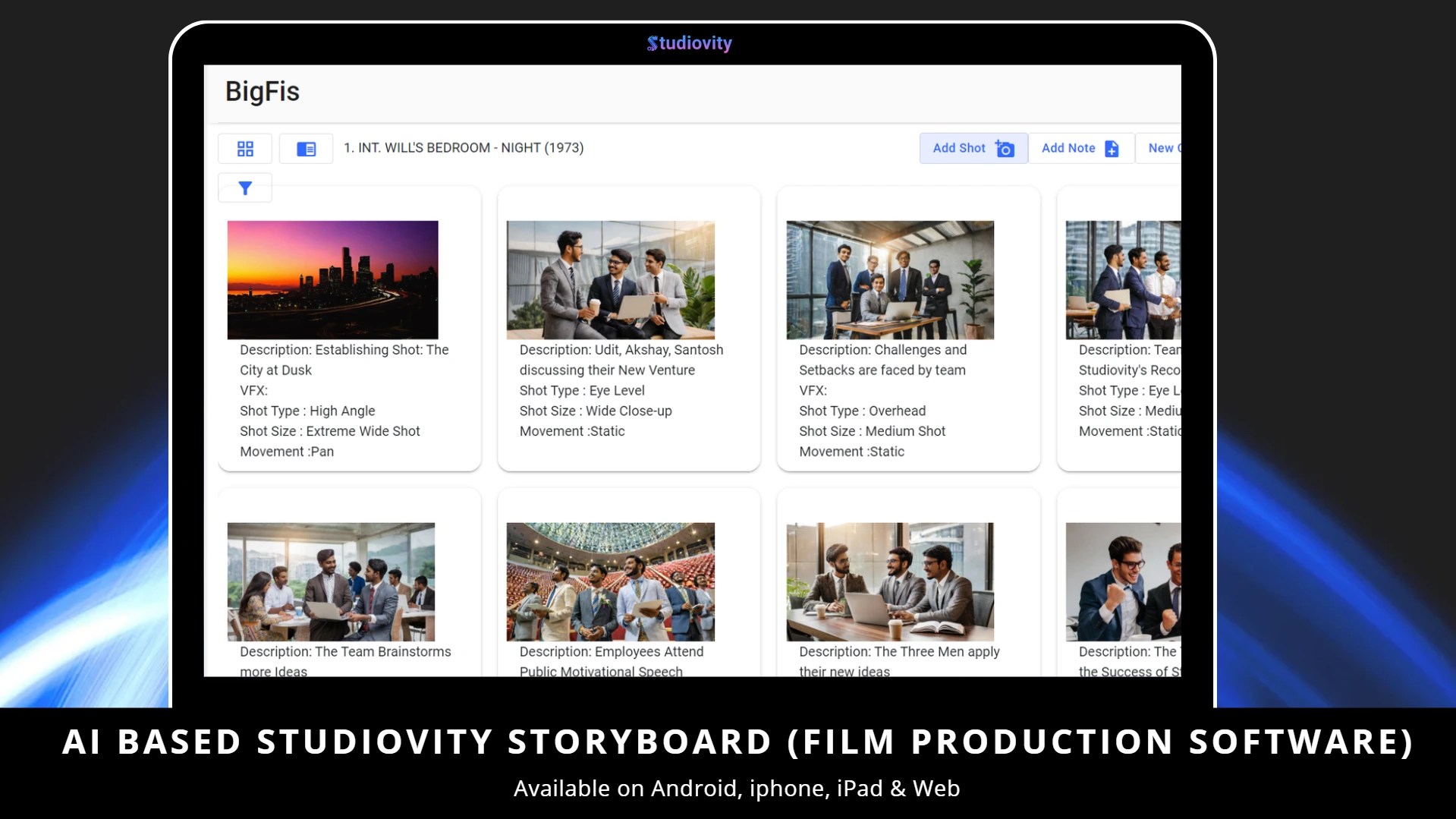 Studiovity AI storyboard software interface displaying scene thumbnails and shot descriptions for visual storytelling.