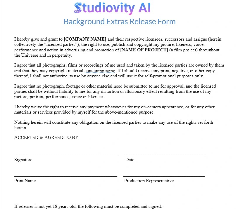 Studiovity AI Background Extras Release Form document, displaying standard legal clauses for grant of rights, usage, compensation, and liability release, with blank fields for signatures and project details.