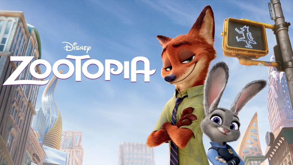 Disney's Zootopia promotional poster featuring protagonists Nick Wilde and Judy Hopps standing in front of the city skyline.