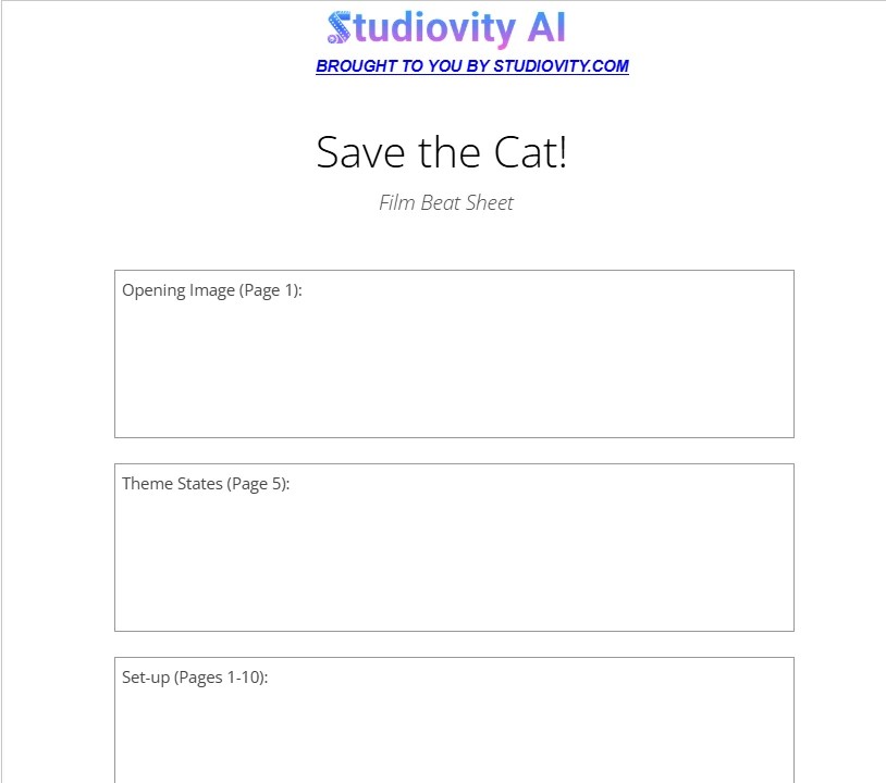 Studiovity AI Save the Cat Beat Sheet Template showing blank sections for Opening Image, Theme Stated, and Set-up for screenwriting structure.