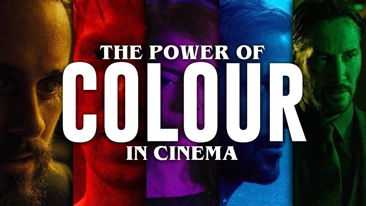 A cinematic collage of five movie characters with distinct yellow, red, purple, blue, and green color overlays with text reading The Power of Colour in Cinema.